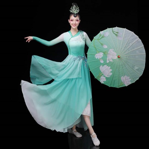 Women's turquoise chinese folk dance costumes umbrella fan dress fairy princess classical ancient traditional dance dress